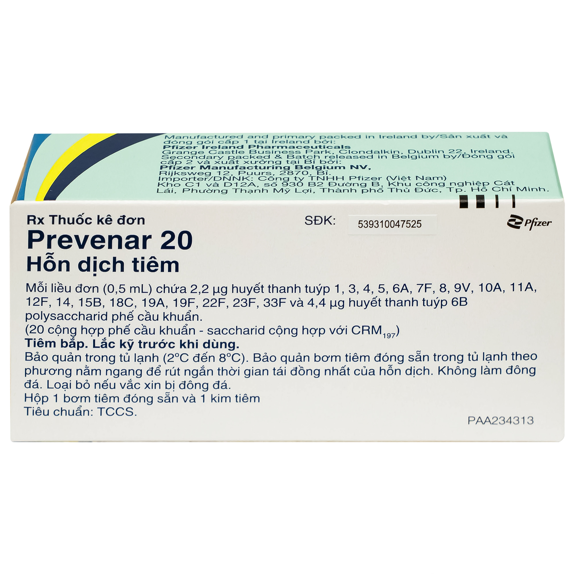 Prevenar 20 (Vắc xin phế cầu 20 tuýp) (Phòng bệnh: phòng bệnh xâm lấn và bệnh viêm phổi do Streptoccocus pneumoniae) 539310047525